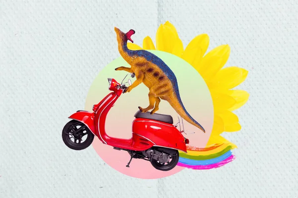 创意有趣的拼贴广告的孩子玩的游戏奇幻故事迪诺驾驶快速的摩托车在花阳光下 — 图库照片
