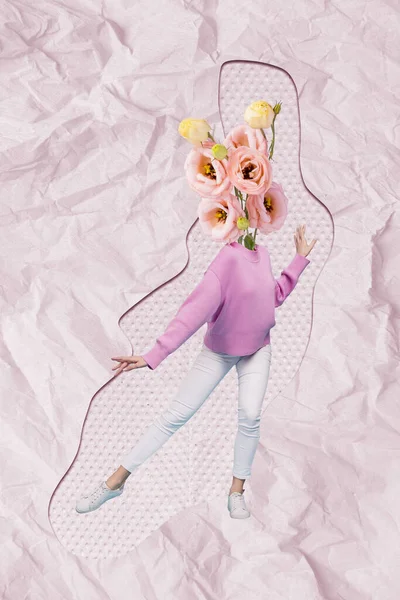 Surreal Illustration Graphics Collage Gentle Lady Flowers Head Dancing Energetic — Stock Photo, Image