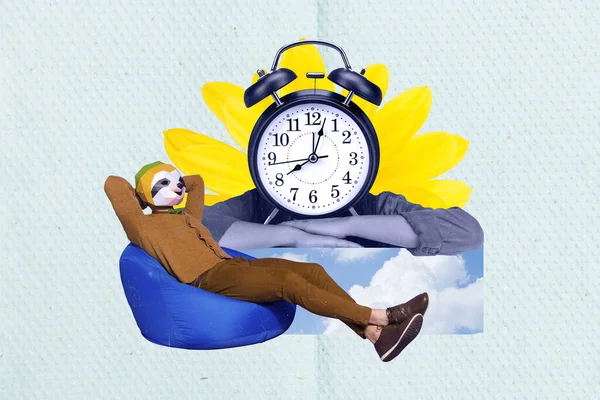 Composite collage oversleeping funny headless absurd sloth mask guy chill bean bag near big timer alarm deadline isolated on painting background.