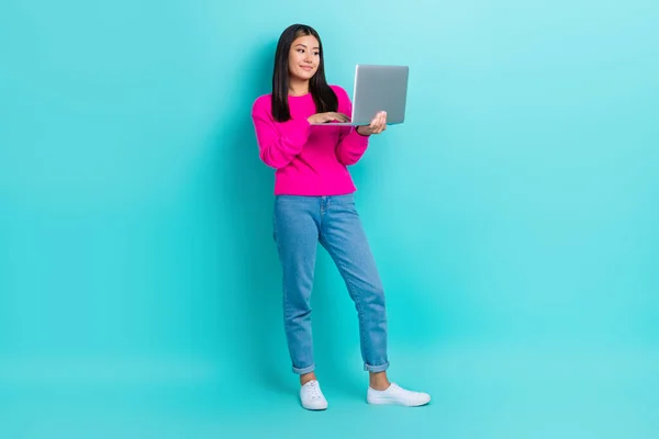 Full Length Photo Adorable Cute Girl Dressed Pink Pullover Typing — Stock Photo, Image