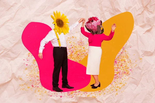 Creative Collage Image Two Carefree People Hold Arms Dancing Flowers — Zdjęcie stockowe