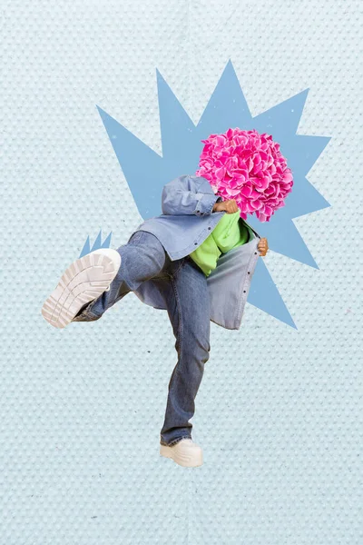 Vertical Collage Picture Excited Cool Person Flower Instead Head Leg — Photo