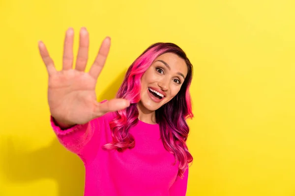 Photo Excited Positive Person Arms Palm Give High Five Waving — Stock Photo, Image