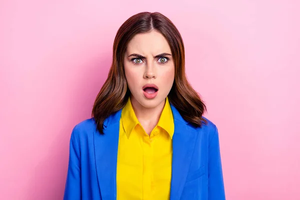 Photo Young Attractive Businesswoman Wear Stylish Blue Blazer Open Mouth — Photo