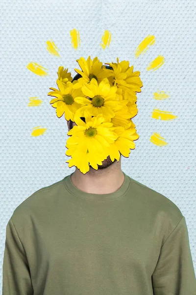 Collage Artwork Graphics Picture Flowers Growing Cover Close Guy Face — Stock Photo, Image