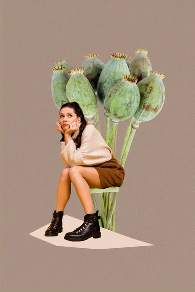Creative Collage Photo Picture Poster Bored Lady Sitting Look Plant — Stock Photo, Image