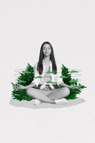 Vertical Collage Picture Black White Effect Positive Girl Meditate Green — Stock Photo, Image