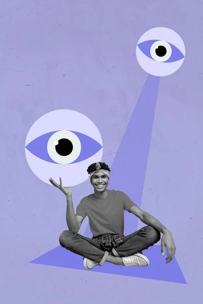 Artwork magazine collage picture of happy smiling guy sitting under eye control isolated drawing background.