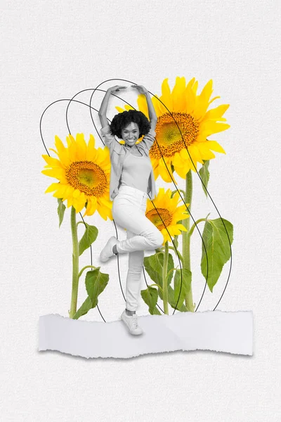 Collage 3d image of pinup pop retro sketch of funny carefree lady growing big huge sunflowers isolated painting background.
