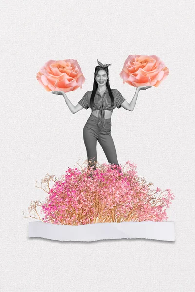 Collage 3d image of pinup pop retro sketch of charming lady holding arms rose flowers bloom isolated painting background.