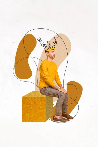 Креативный Трехмерный Коллаж Плакат Изображением Несчастного Грустного Капризного Человека Думающего — стоковое фото
