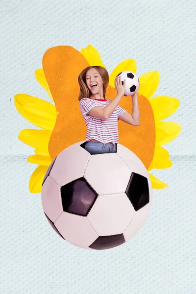 Collage concept young excited overjoyed football player teenager girl catch goal world cup inside soccer sphere isolated on drawing background.