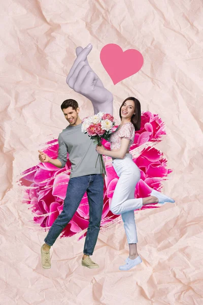 Collage photo lovely couple students guy stay with his cute beautiful girlfriend hold bouquet gerbera flowers date isolated on pink background.