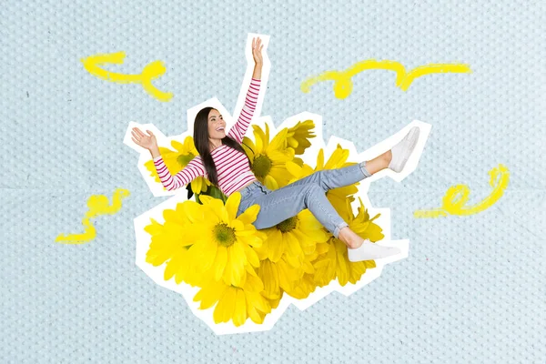 Creative template collage of excited lady enjoying sitting soft weird strange armchair with yellow daisy.