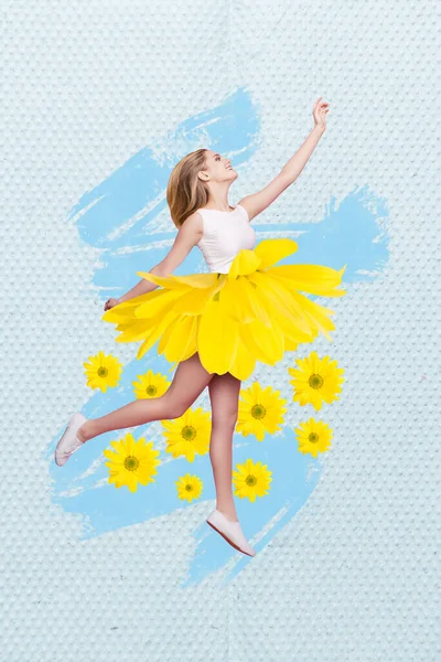 Designed Collage Jumping Air Ballerina Cute Lady Yellow Natural Flower —  Fotos de Stock