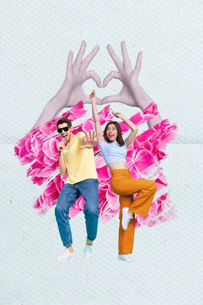 Творческий Плакат Коллаж Веселой Девушки Танцующей Концерте День Святого Валентина — стоковое фото
