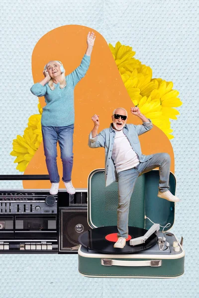 Creative Banner Poster Collage Funky Grandparents Dancing Boom Box Gramophone — Stockfoto