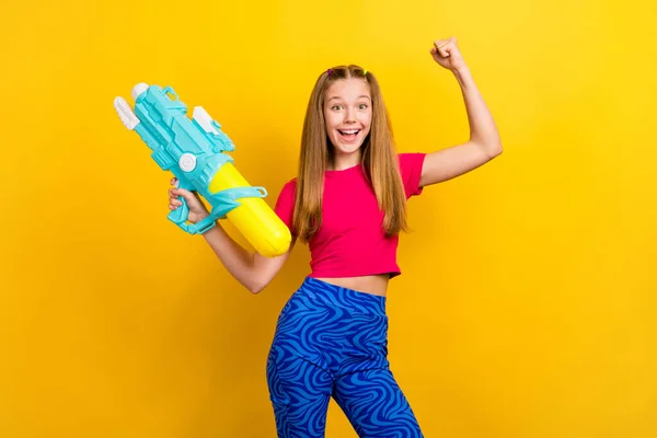Photo Childish Play Woman Teenager Wear Pink Crop Top Fist — Stock Photo, Image