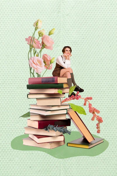 Kolaż Baner Reklama Małej Dziewczynki Siedzi Stos Książki Marzenie Inspiracja — Zdjęcie stockowe