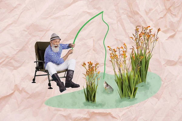 Drawing Image Collage Graphics Funny Pensioner Man Have Fun Fishing — Fotografia de Stock