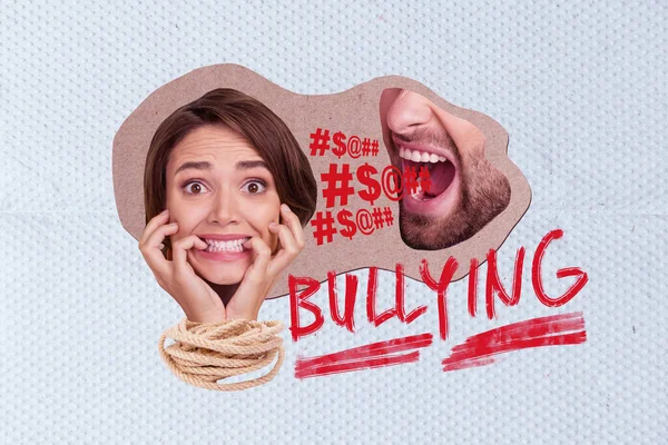 Concept of social issue physical violence collage with nervous woman wife and man mouth yelling bullying family.