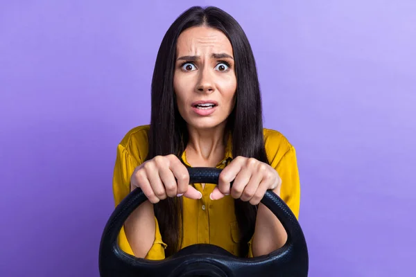 Photo of charming nervous lady wear stylish clothes worried failed test drive lesson education isolated on purple color background.