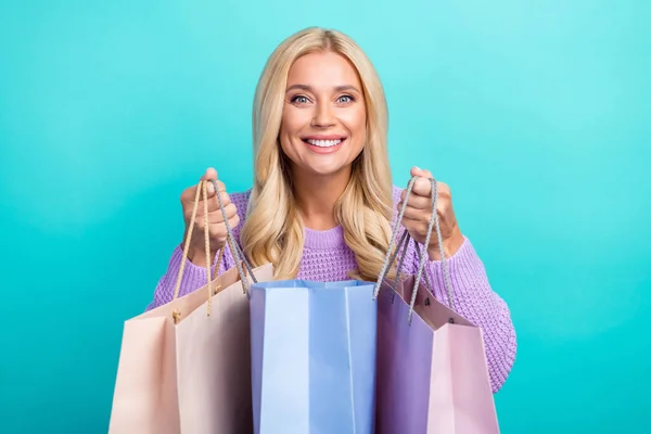 Photo Young Cheerful Positive Woman Blonde Hair Shopaholic Open Her — Stock Photo, Image