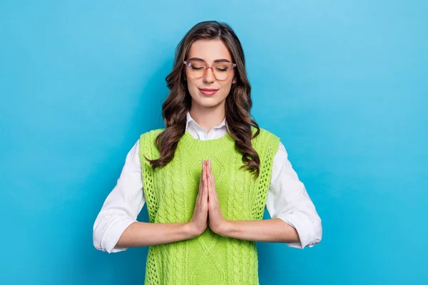 Photo Portrait Lovely Young Lady Specs Hold Palms Together Meditate — Foto de Stock
