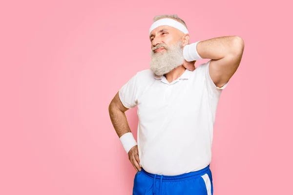 Frustrated Pensioner Grandpa Funny Grimace Having Strong Pain Nape Bodycare — Stock Photo, Image