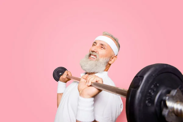Comic Confident Cool Grey Haired Grandpa Humor Grimace Exercising Holding — Stock Photo, Image