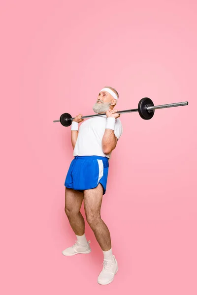Full Length Confident Cool Grandpa Serious Grimace Exercising Holding Equipment — Stock Photo, Image