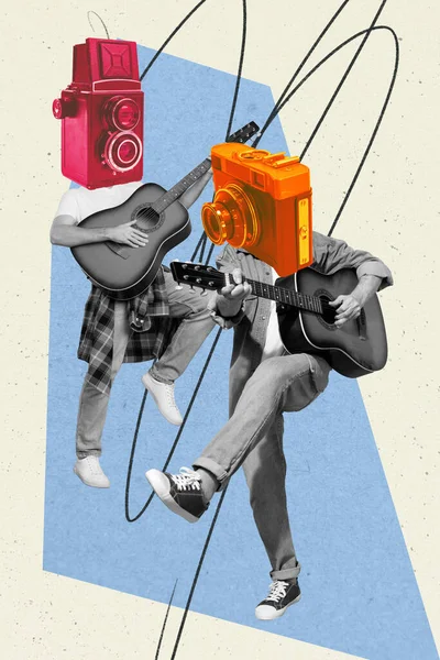 Photo cartoon comics sketch collage of funny funky guys vintage cameras instead heads playing guitars isolated drawing background.