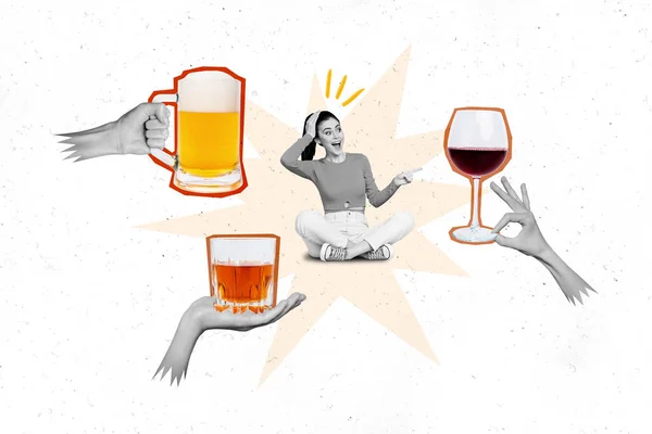 Creative Template Graphics Collage Image Impressed Lady Choosing Evening Beverages — ストック写真