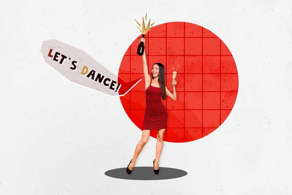 幸せな楽しいエレガントな女性の創造的な雑誌のポスターのコラージュ有名人のパーティードリンクスプラッシュシャンパン悲鳴を楽しむダンスができます — ストック写真