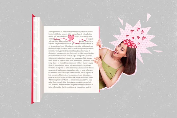 奇妙な女性の創造的なテンプレートの画像のコラージュ大きな開いている紙の本を読んでロマンチックな物語をお楽しみください完全な心の頭 — ストック写真