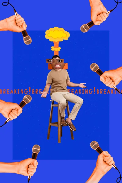 Composite Collage Photo Artwork Young Confused Funny Head Brains Explosion — Stock Photo, Image