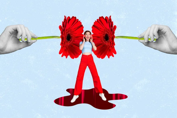 Collage Photo Youngster Carefree Girl Listen Headphones Red Gerbera Flower — Stockfoto