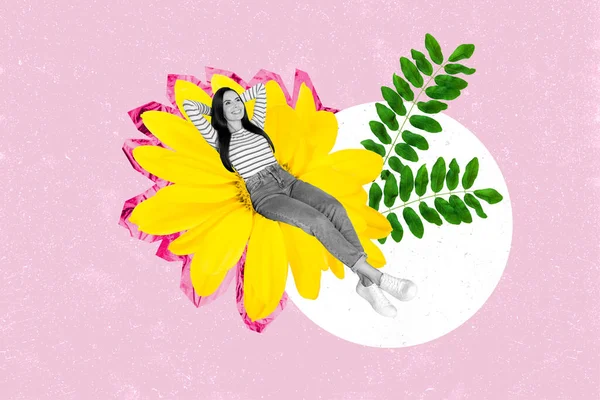 Creative Magazine Banner Picture Collage Resting Big Yellow Flower Lady — Fotografia de Stock