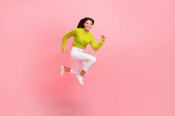 Full Size Photo Pretty Young Schoolgirl Jump Running Fast Rush — Stock Photo, Image