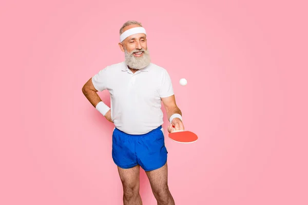 Competetive Emotional Cool Active Comic Grandpa Beaming Grin Table Tennis — Stock Photo, Image
