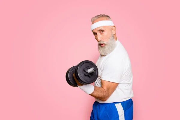 Cool Playful Flirty Naughty Strong Grandpa Confident Grimace Exercising Holding — Stock Photo, Image