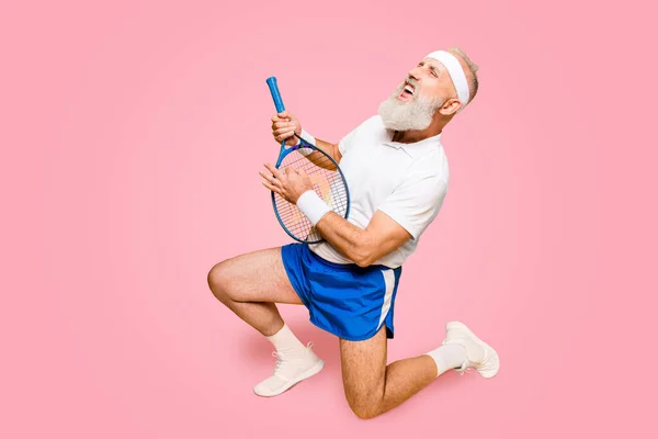 Sexy Emotional Cool Pensioner Grandpa Practising Rock Music Sport Equipment — Stock Photo, Image