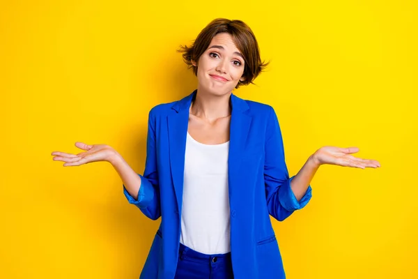 Photo Young Uncertain Attractive Business Woman Shrug Shoulders Idea Sorry — Stock Photo, Image