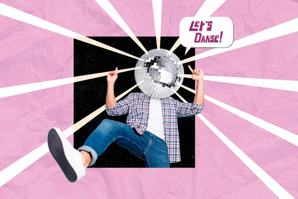 Collage Artwork Photo Young Man Dancing Retro Disco Ball Carefree — Stock Photo, Image