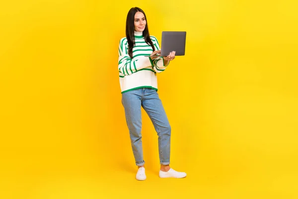 Full length photo of gorgeous lady user wear trendy clothes use modern device netbook isolated on yellow color background.