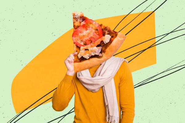 Creative Collage Image Man Arm Hold Big Piece Pizza Instead — Stock Photo, Image