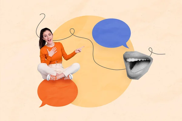 Composite collage artwork of young funny girl laughing directing finger empty space chatterbox speak laugh dialog mouth isolated on beige background.