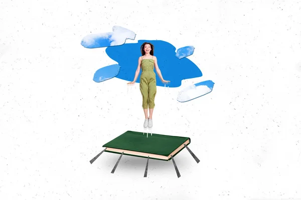 Artwork magazine collage picture of excited funny lady jumping big book trampoline isolated drawing background.