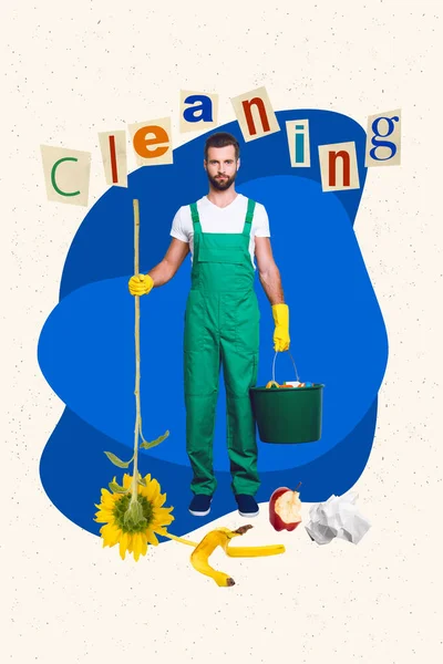 Vertical Banner Collage Photo Young Housekeeper Man Hold Swabber Cleaning — Stock Photo, Image