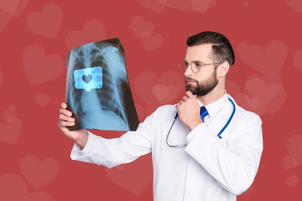 Creative collage image of minded doctor man hold lungs x-ray like notification isolated on red hearts background.